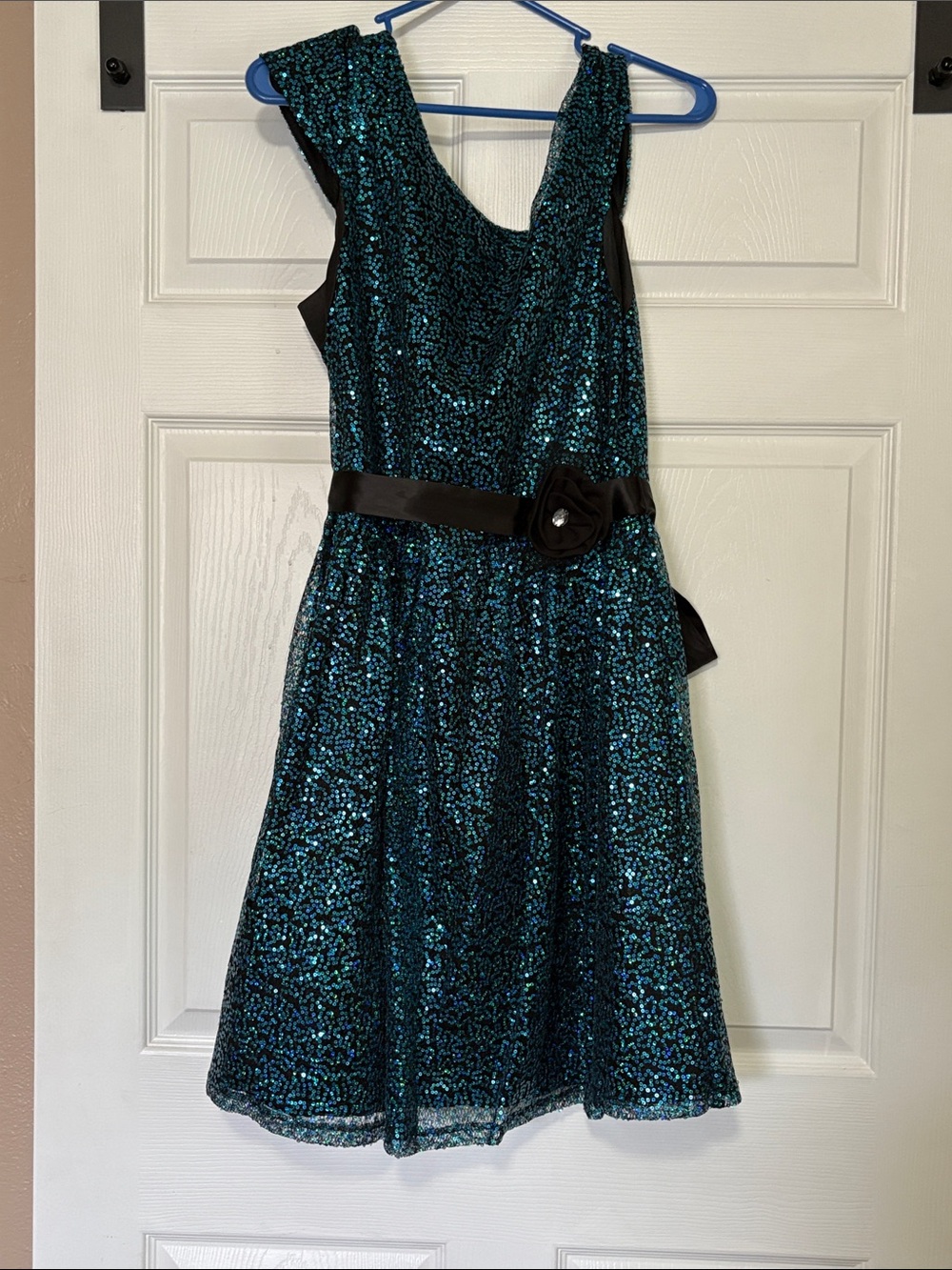 Deb Teal Sequin A-Line Dress with Black Sash